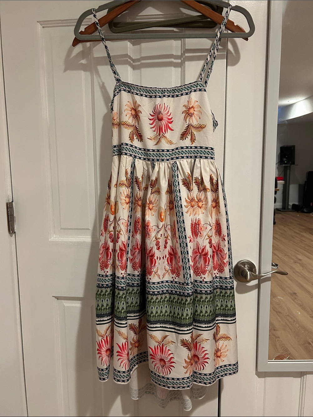 Womens Cream Floral Sundress, Keyhole. Back with Pink & Green Accents